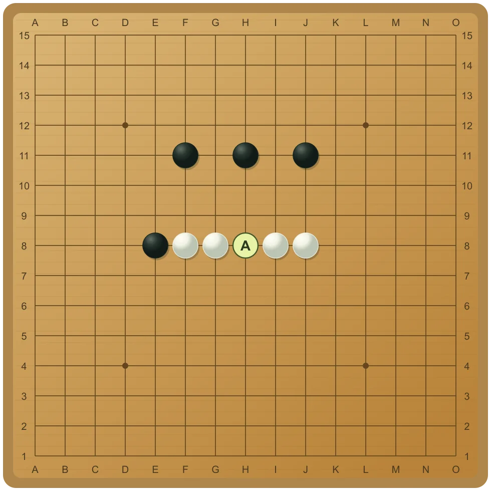 흑 차례: 백의 가운데 빈칸을 막으세요 — 백 F8·G8·I8·J8 사이의 H8이 비어 있습니다. H8을 채우면 백은 다섯 개를 완성합니다.